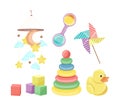 Baby shower toys set with colorful rattles, building blocks, pyramid, rubber duck isolated on white