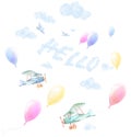 Baby shower twins boy and girl. Hello adventures banner. Airplanes, colorful balloons fy in sky. Blue clouds