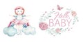 Baby shower watercolor girl design elements. Set of baby pink birthday illustration. Newborn party invitation