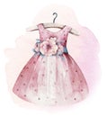 Baby shower watercolor girl dress design elements. Set of baby pink birthday illustration. Newborn party invitation