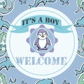 Baby shower and welcome greeting card. Text It`s a Boy, Welcome. Royalty Free Stock Photo