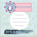 Baby shower and welcome greeting card. Text It`s a Boy, Welcome. Royalty Free Stock Photo