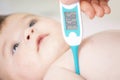 Baby sick with measuring electric thermometer. Child fever ill. Royalty Free Stock Photo