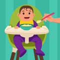 The baby sits on the feeding chair and eats happily. Hand with a spoon. Vector illustration. Royalty Free Stock Photo