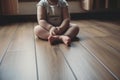 Baby sits on a wooden laminate floor. Bare legs and feet of a baby in the living room floor Generative AI. Royalty Free Stock Photo