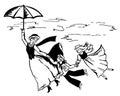 Baby sitter flying over the town. Mary Poppins. Woman with children and an umbrella.