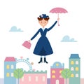 Baby Sitter Mary Poppins Flying Over the Town. Vector Illustration Royalty Free Stock Photo