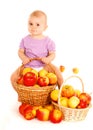 Baby sitting on apples basket Royalty Free Stock Photo