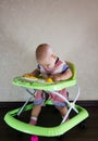 Baby sitting in baby walkers. The child learns to walk