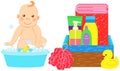 Baby sitting in basin of foam near set of bathroom items in box, bath accessories for cleaning body