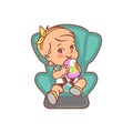 Baby sitting on car seat, eat, drink. Royalty Free Stock Photo