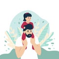 Baby sitting on dad`s shoulders, vector illustration for Father`s Day holiday, happy family concept. Nature leaves Royalty Free Stock Photo