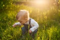 Baby sitting in the grass in sunlight. Cute summer blond girl in the garden Royalty Free Stock Photo