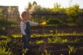 Baby sitting on the ground with shovel and rake in sunlight. Cute summer blond girl in the garden Royalty Free Stock Photo