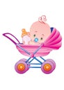 Baby sitting in a pink stroller and holding a bottle of milk in his hands, isolated object on a white background, vector