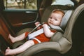 Baby sitting in safety rear-facing car seat