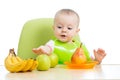 Baby sitting at table with fruits Royalty Free Stock Photo