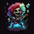 Baby skeleton with colorful afro hair playing guitar. Generative AI Royalty Free Stock Photo