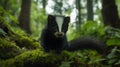 Cute baby skunk with white stripe on head in lush green forest, mossy log Royalty Free Stock Photo