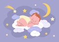 Baby sleep on cloud. Sleeping newborn toddler card design. Cartoon cute born kid dream, nursery birthday or party poster