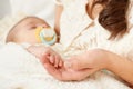 Baby sleep in mother hand, happy maternity concept Royalty Free Stock Photo