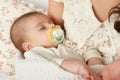 Baby sleep in mother hand, happy maternity concept Royalty Free Stock Photo