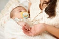 Baby sleep in mother hand, happy maternity concept Royalty Free Stock Photo