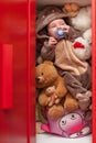 Baby sleeping with her teddy bear, new family and love concept Royalty Free Stock Photo