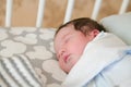 The baby sleeps in the crib. Charming girl sleeps in a bed for sleep, attached to the bed of parents. A small child having a nap
