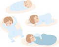 Baby sleeps in various poses. 0-12 month. different sleeping positions. Swaddled newborn. Toddler sleeps in a sleeping bag