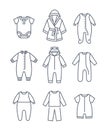 Baby sleepwear cloth pajama romper thin line icons