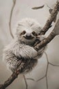 A baby sloth perches with bright eyes and a spirited expression