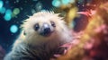 A baby sloth in the rain with a blurry background, AI