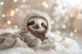 This baby sloth, snug in a wintry hood, revels in the festive season