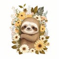 Cute Baby Baby Sloth Floral, Spring Flowers, illustration ,clipart, isolated on white background