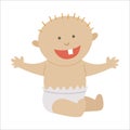 Baby smiling with one tooth isolated on white background. Vector child icon. Little kid in diaper