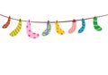 Baby socks on a rope. Set of children`s socks are dried on a rope. Bright vector socks hanging on a rope. Royalty Free Stock Photo