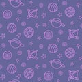 Baby space seamless pattern. Cartoon blue pink purple outline planets and stars. Vector cosmic background and texture. For kids