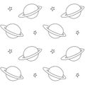 Baby space seamless pattern. Cartoon outline planet saturn and stars. Vector cosmic background and texture. For kids design,