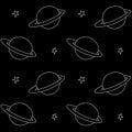 Baby space seamless pattern. Cartoon outline planet saturn and stars. Vector cosmic background and texture. For kids design,