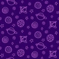 Baby space seamless pattern. Cartoon pink purple outline planets and stars. Vector cosmic background and texture. For kids design