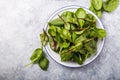 Baby spinach,  beetroot  leaves, in bowl on grey concrete background, top view, copy space. Clean eating, detox, diet food Royalty Free Stock Photo