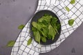 Baby spinach leaves in a rustic bowl on the gray stone background Royalty Free Stock Photo