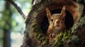 a baby squirrel as it explores and frolics within a cozy hole in a tree, showcasing the innocence and charm of wildlife