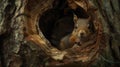 a baby squirrel as it explores and frolics within a cozy hole in a tree, showcasing the innocence and charm of wildlife