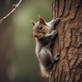 A baby squirrel clinging to a tree branch, with its tail wrapped around it1 Royalty Free Stock Photo