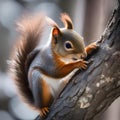 A baby squirrel clinging to a tree branch, with its tail wrapped around it3