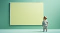 The baby stands next to a big blank screen on blue background, created with Generative AI technology