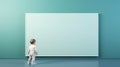 The baby stands next to a big blank screen on blue background, created with Generative AI technology