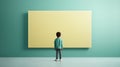 The baby stands next to a big blank screen on blue background, created with Generative AI technology